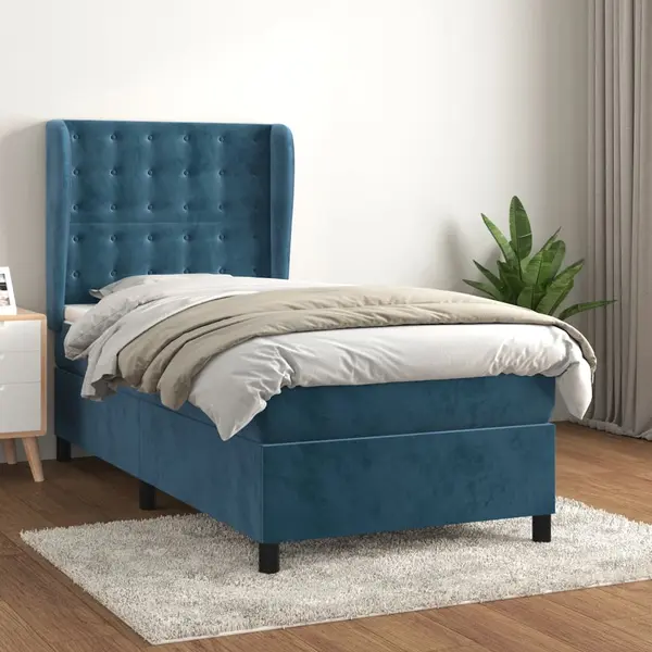 Gossi pat box spring cu saltea, albastru inchis, 90x200 cm, catifea