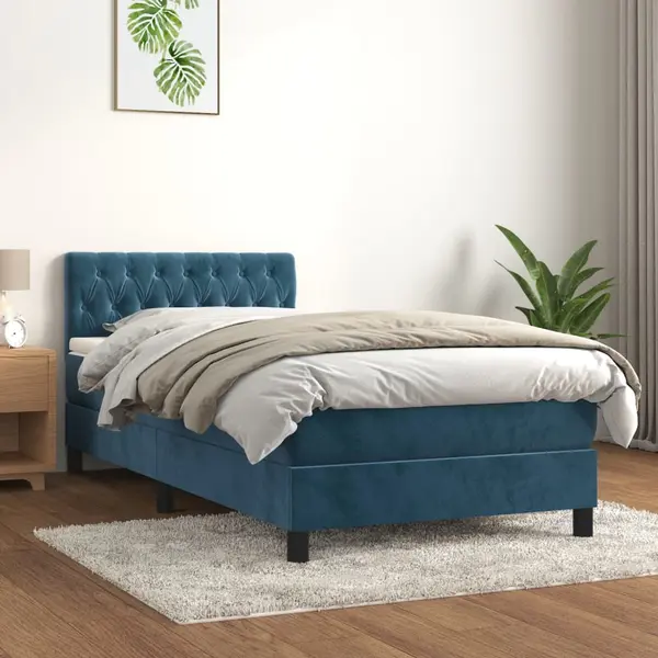 Gossi pat box spring cu saltea, albastru inchis, 90x200 cm, catifea
