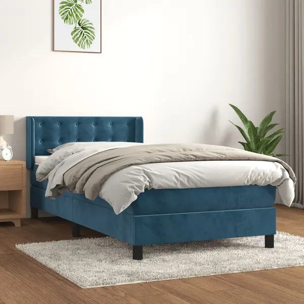 Gossi pat box spring cu saltea, albastru inchis, 90x200 cm, catifea
