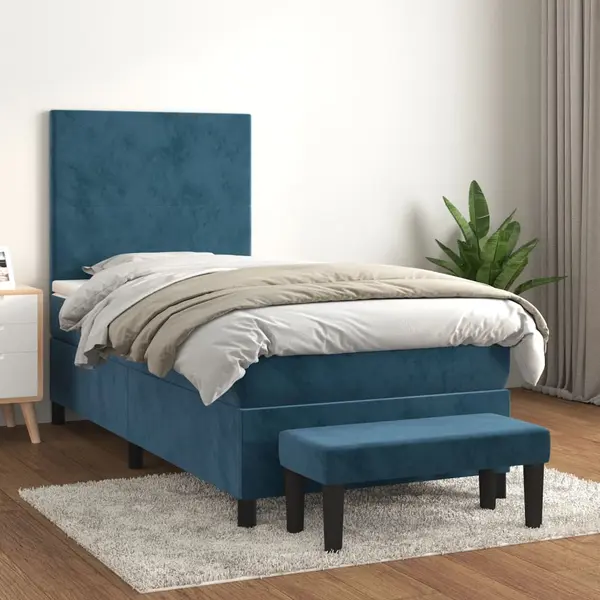 Gossi pat box spring cu saltea, albastru inchis, 90x200 cm, catifea