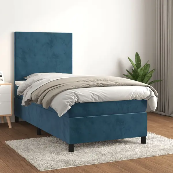 Gossi pat box spring cu saltea, albastru inchis, 90x200 cm, catifea