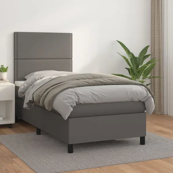 Gossi pat box spring cu saltea, gri, 100x200 cm, piele ecologica