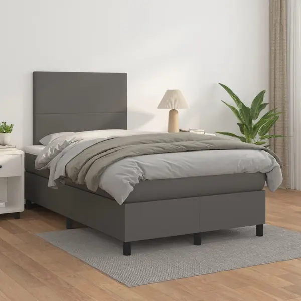 Gossi pat box spring cu saltea, gri, 120x200 cm, piele ecologica