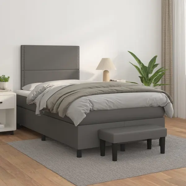 Gossi pat box spring cu saltea, gri, 120x200 cm, piele ecologica