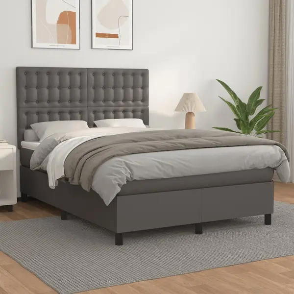 Gossi pat box spring cu saltea, gri, 140x200 cm, piele ecologica
