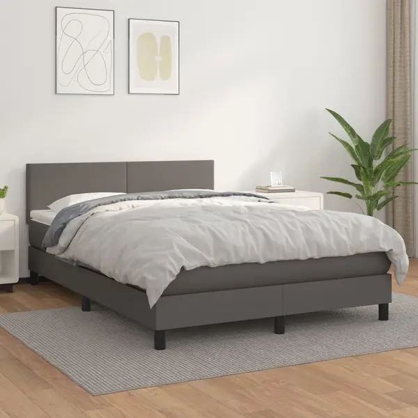 Gossi pat box spring cu saltea, gri, 140x200 cm, piele ecologica