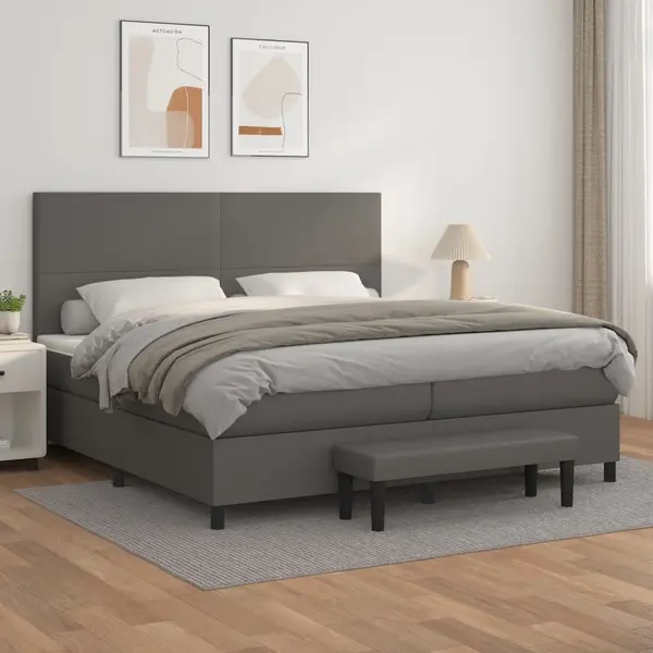 Gossi pat box spring cu saltea, gri, 200x200 cm, piele ecologica