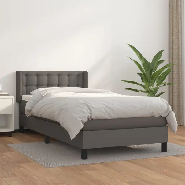 Gossi pat box spring cu saltea, gri, 90x190 cm, piele ecologica