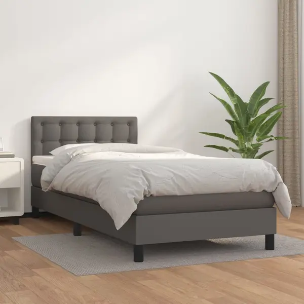 Gossi pat box spring cu saltea, gri, 90x190 cm, piele ecologica
