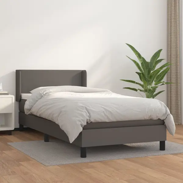 Gossi pat box spring cu saltea, gri, 90x190 cm, piele ecologica