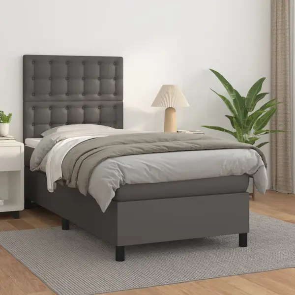 Gossi pat box spring cu saltea, gri, 90x190 cm, piele ecologica