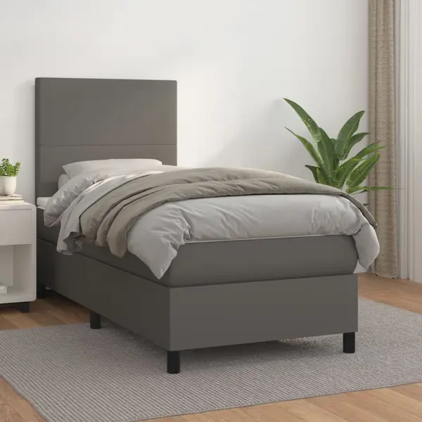 Gossi pat box spring cu saltea, gri, 90x190 cm, piele ecologica