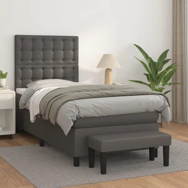 Gossi pat box spring cu saltea, gri, 90x200 cm, piele ecologica