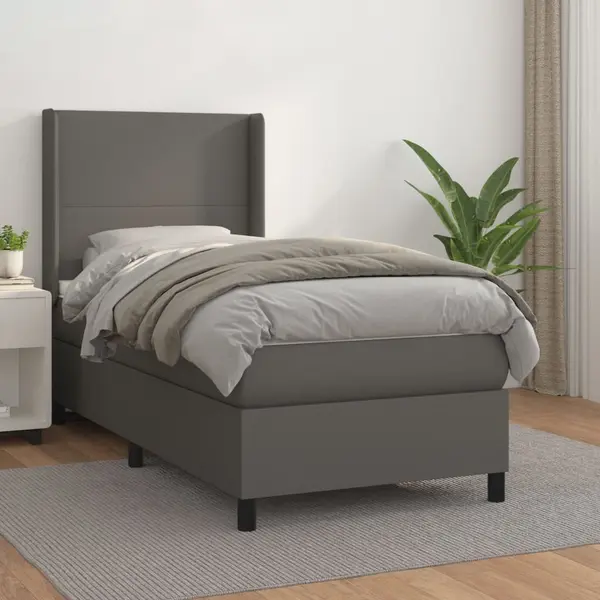 Gossi pat box spring cu saltea, gri, 90x200 cm, piele ecologica