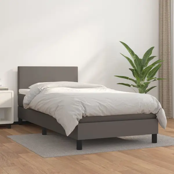 Gossi pat box spring cu saltea, gri, 90x200 cm, piele ecologica