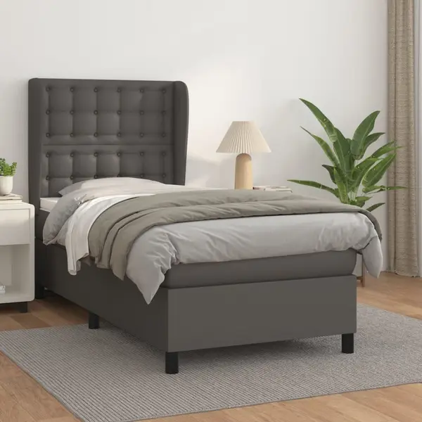 Gossi pat box spring cu saltea, gri, 90x200 cm, piele ecologica