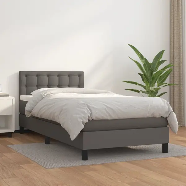Gossi pat box spring cu saltea, gri, 90x200 cm, piele ecologica