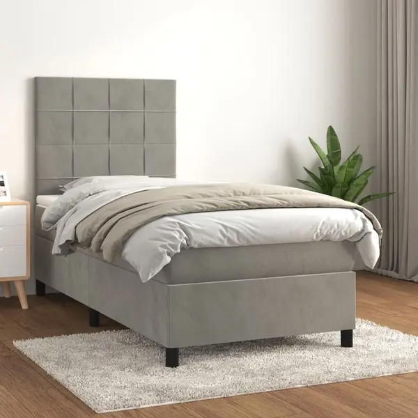 Gossi pat box spring cu saltea, gri deschis, 100x200 cm, catifea