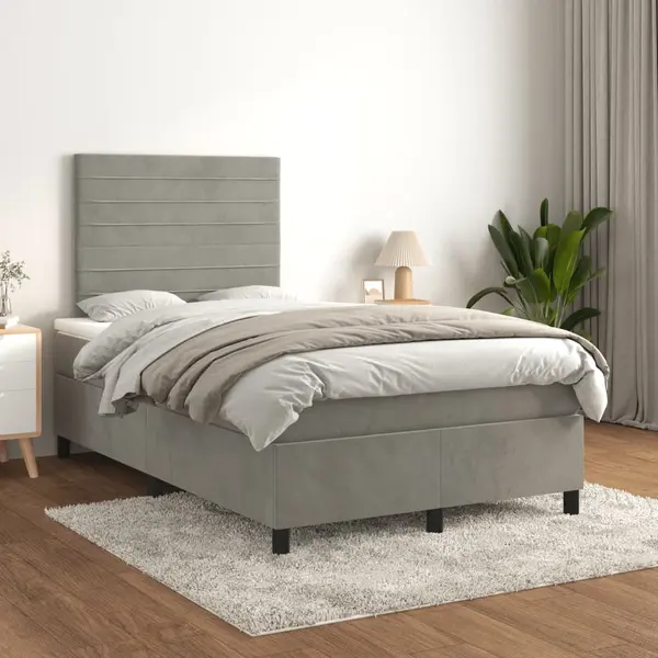 Gossi pat box spring cu saltea, gri deschis, 120x200 cm, catifea