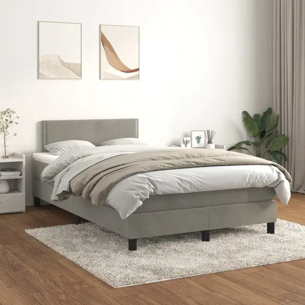 Gossi pat box spring cu saltea, gri deschis, 120x200 cm, catifea