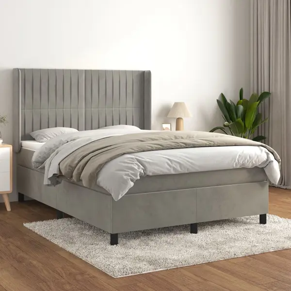 Gossi pat box spring cu saltea, gri deschis, 140x190 cm, catifea