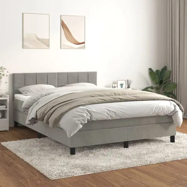 Gossi pat box spring cu saltea, gri deschis, 140x190 cm, catifea
