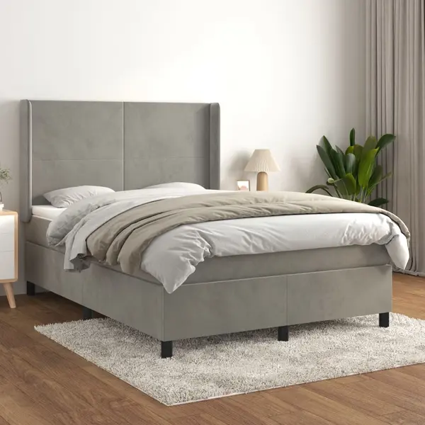 Gossi pat box spring cu saltea, gri deschis, 140x190 cm, catifea