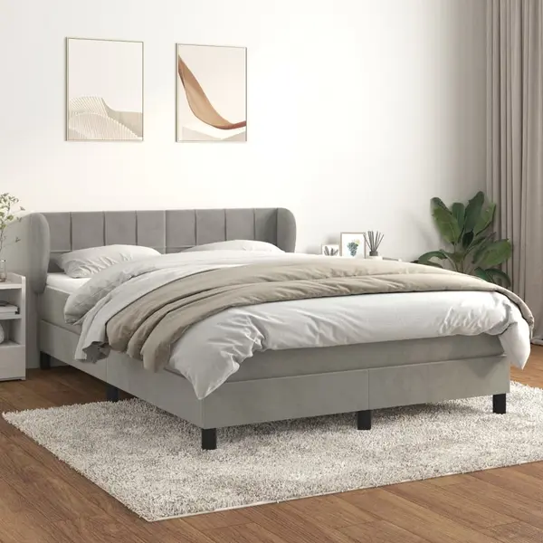 Gossi pat box spring cu saltea, gri deschis, 140x190 cm, catifea