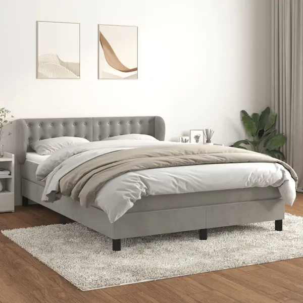 Gossi pat box spring cu saltea, gri deschis, 140x190 cm, catifea
