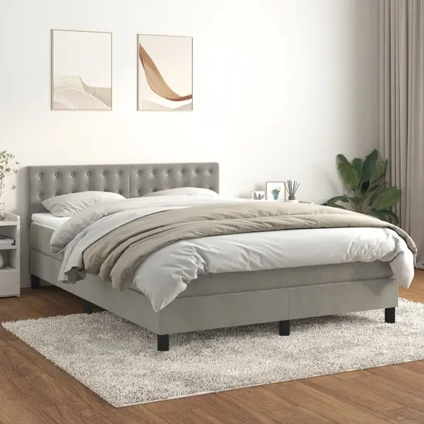 Gossi pat box spring cu saltea, gri deschis, 140x190 cm, catifea