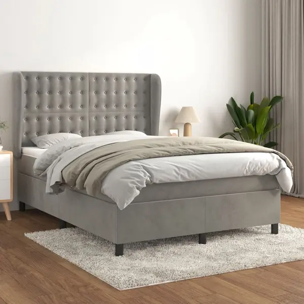 Gossi pat box spring cu saltea, gri deschis, 140x190 cm, catifea