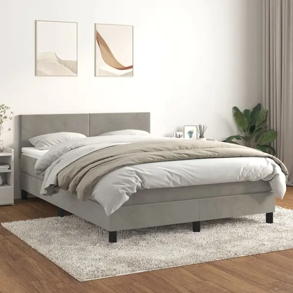 Gossi pat box spring cu saltea, gri deschis, 140x190 cm, catifea
