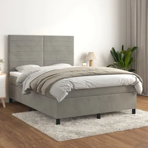 Gossi pat box spring cu saltea, gri deschis, 140x190 cm, catifea