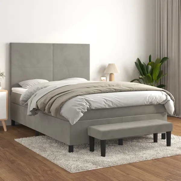 Gossi pat box spring cu saltea, gri deschis, 140x190 cm, catifea