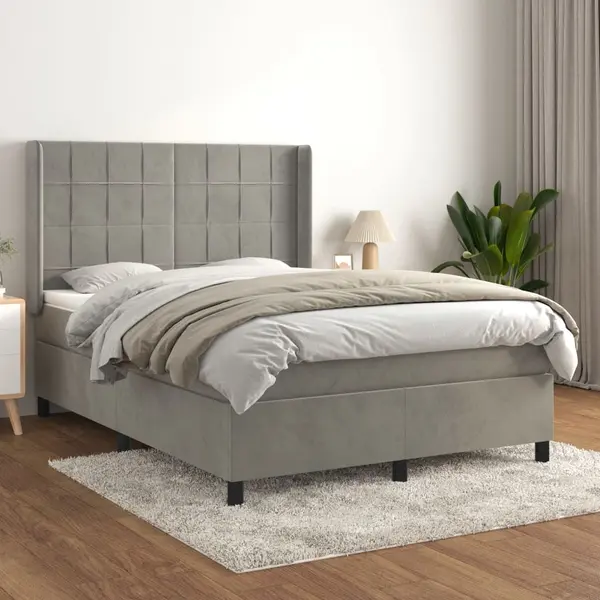 Gossi pat box spring cu saltea, gri deschis, 140x200 cm, catifea