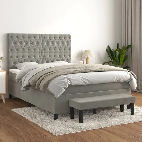 Gossi pat box spring cu saltea, gri deschis, 140x200 cm, catifea