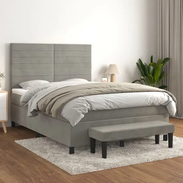 Gossi pat box spring cu saltea, gri deschis, 140x200 cm, catifea