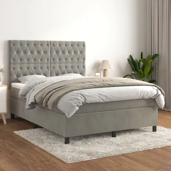 Gossi pat box spring cu saltea, gri deschis, 140x200 cm, catifea