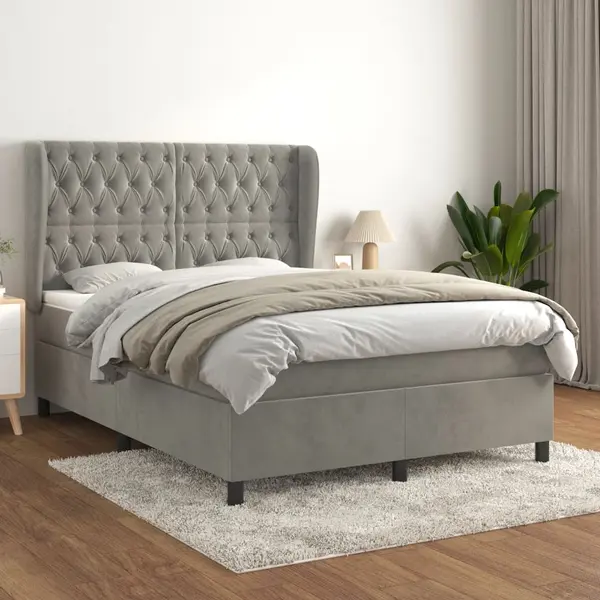 Gossi pat box spring cu saltea, gri deschis, 140x200 cm, catifea