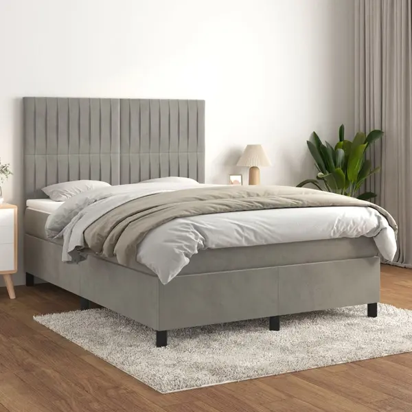 Gossi pat box spring cu saltea, gri deschis, 140x200 cm, catifea