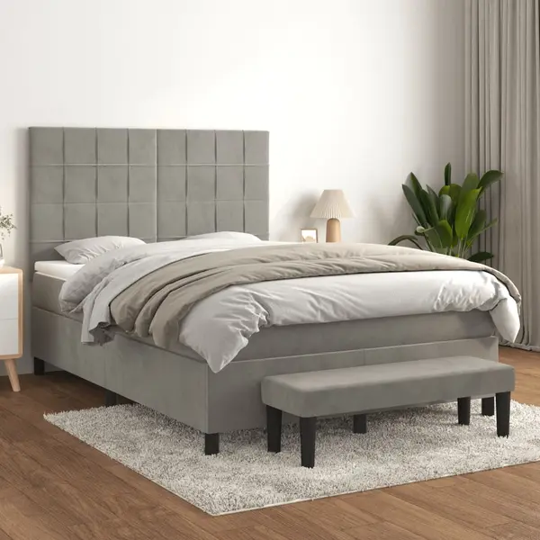 Gossi pat box spring cu saltea, gri deschis, 140x200 cm, catifea