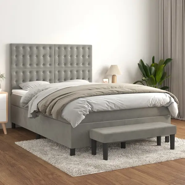 Gossi pat box spring cu saltea, gri deschis, 140x200 cm, catifea