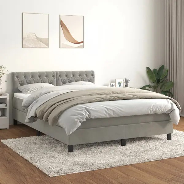 Gossi pat box spring cu saltea, gri deschis, 140x200 cm, catifea
