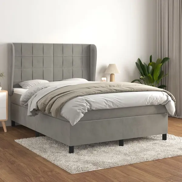 Gossi pat box spring cu saltea, gri deschis, 140x200 cm, catifea