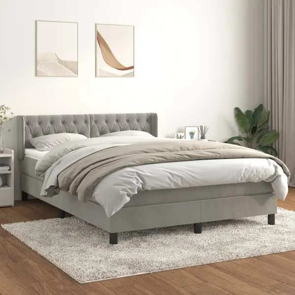 Gossi pat box spring cu saltea, gri deschis, 140x200 cm, catifea