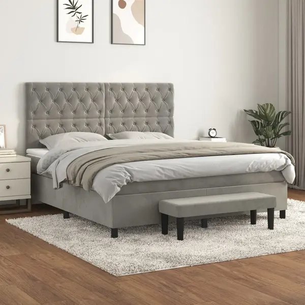 Gossi pat box spring cu saltea, gri deschis, 160x200 cm, catifea