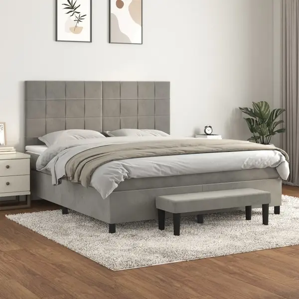 Gossi pat box spring cu saltea, gri deschis, 160x200 cm, catifea