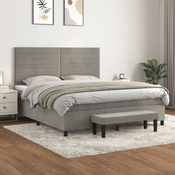 Gossi pat box spring cu saltea, gri deschis, 160x200 cm, catifea