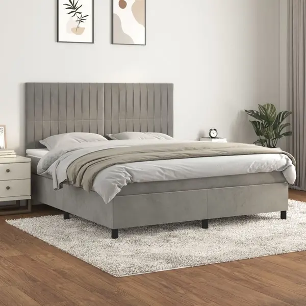 Gossi pat box spring cu saltea, gri deschis, 160x200 cm, catifea
