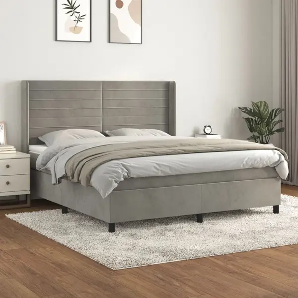 Gossi pat box spring cu saltea, gri deschis, 160x200 cm, catifea